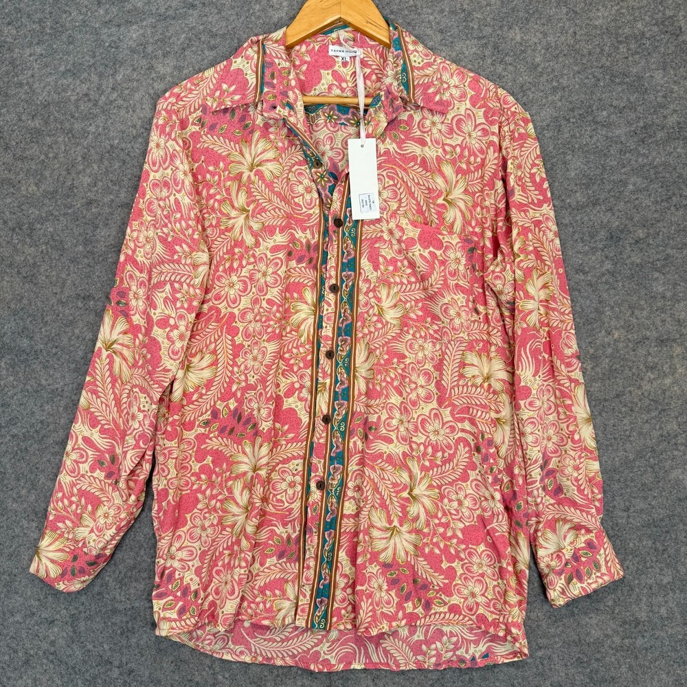 Karma Highway Paisley Floral Button Tunic Shirt Womens XL Pink Red Satin Top NEW